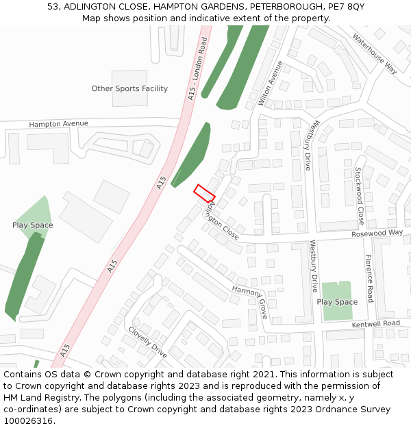53, ADLINGTON CLOSE, HAMPTON GARDENS, PETERBOROUGH, PE7 8QY: Location map and indicative extent of plot