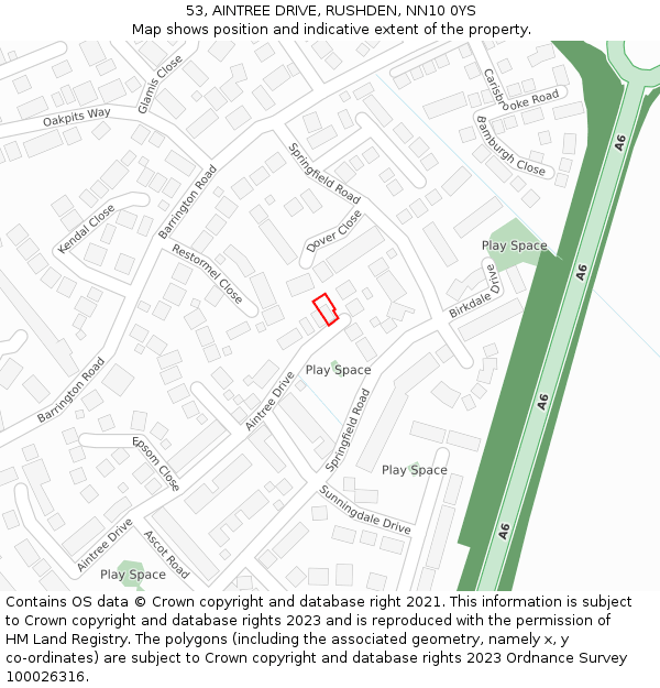53, AINTREE DRIVE, RUSHDEN, NN10 0YS: Location map and indicative extent of plot