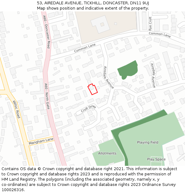 53, AIREDALE AVENUE, TICKHILL, DONCASTER, DN11 9UJ: Location map and indicative extent of plot