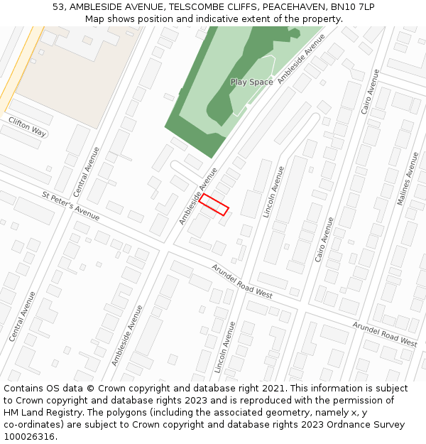 53, AMBLESIDE AVENUE, TELSCOMBE CLIFFS, PEACEHAVEN, BN10 7LP: Location map and indicative extent of plot