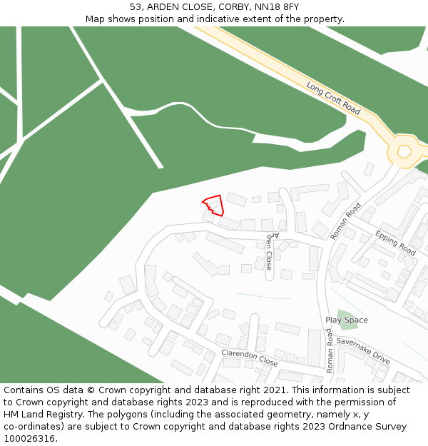 53, ARDEN CLOSE, CORBY, NN18 8FY: Location map and indicative extent of plot