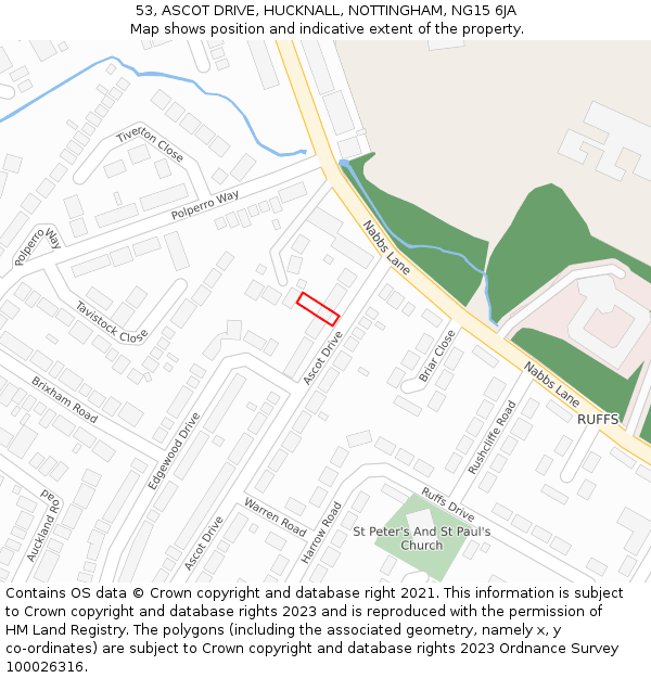 53, ASCOT DRIVE, HUCKNALL, NOTTINGHAM, NG15 6JA: Location map and indicative extent of plot
