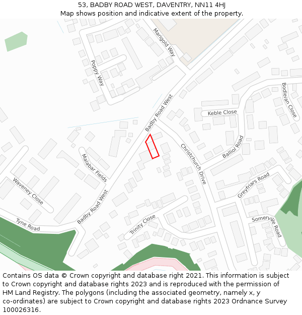 53, BADBY ROAD WEST, DAVENTRY, NN11 4HJ: Location map and indicative extent of plot