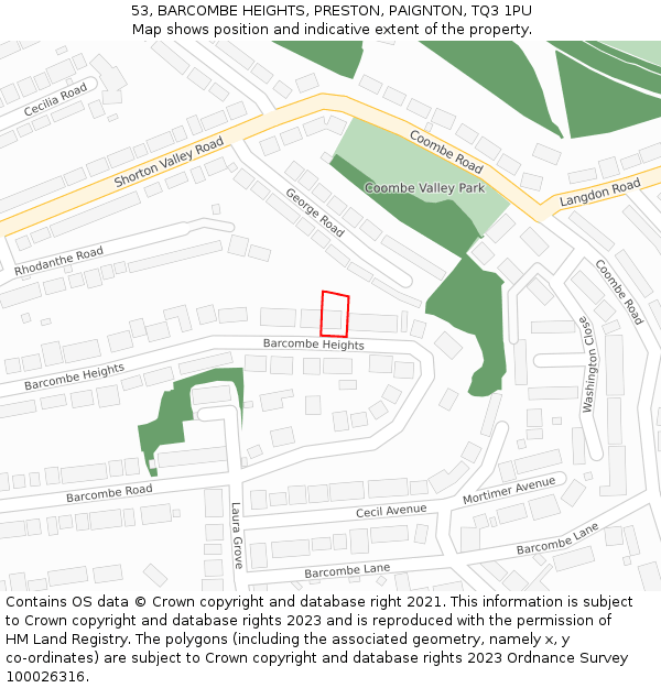 53, BARCOMBE HEIGHTS, PRESTON, PAIGNTON, TQ3 1PU: Location map and indicative extent of plot
