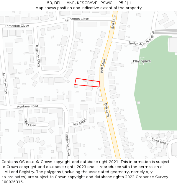 53, BELL LANE, KESGRAVE, IPSWICH, IP5 1JH: Location map and indicative extent of plot