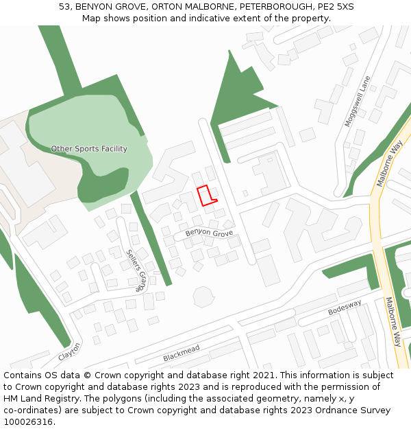 53, BENYON GROVE, ORTON MALBORNE, PETERBOROUGH, PE2 5XS: Location map and indicative extent of plot