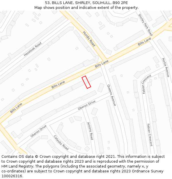 53, BILLS LANE, SHIRLEY, SOLIHULL, B90 2PE: Location map and indicative extent of plot