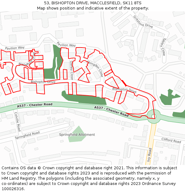 53, BISHOPTON DRIVE, MACCLESFIELD, SK11 8TS: Location map and indicative extent of plot