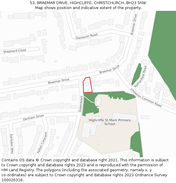 53, BRAEMAR DRIVE, HIGHCLIFFE, CHRISTCHURCH, BH23 5NW: Location map and indicative extent of plot