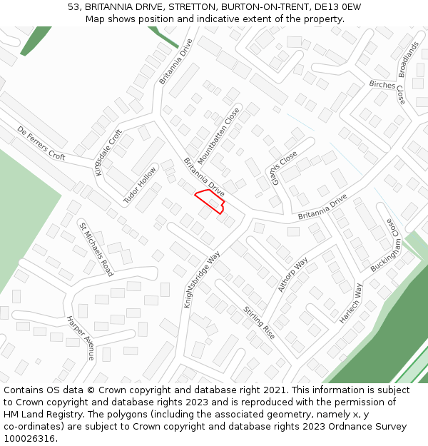 53, BRITANNIA DRIVE, STRETTON, BURTON-ON-TRENT, DE13 0EW: Location map and indicative extent of plot