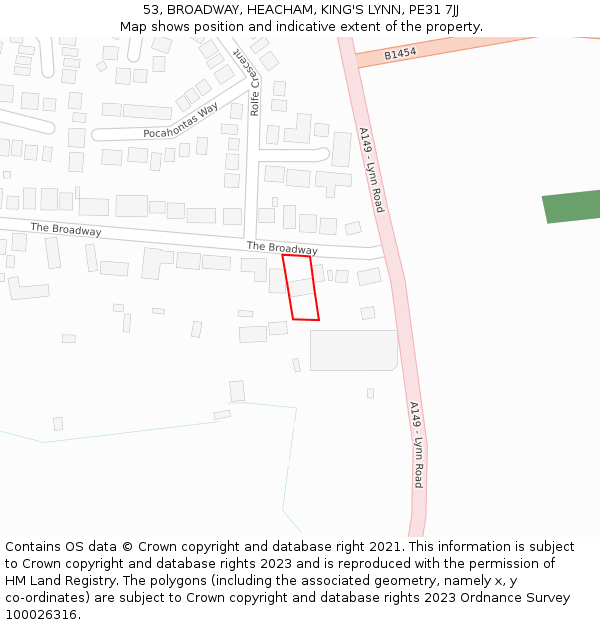 53, BROADWAY, HEACHAM, KING'S LYNN, PE31 7JJ: Location map and indicative extent of plot