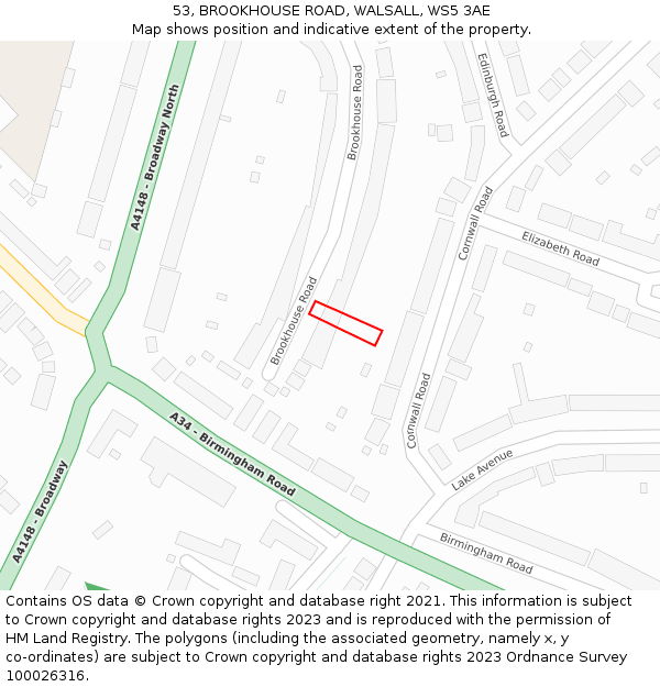 53, BROOKHOUSE ROAD, WALSALL, WS5 3AE: Location map and indicative extent of plot