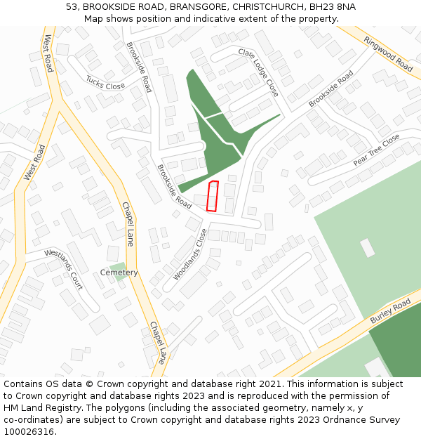 53, BROOKSIDE ROAD, BRANSGORE, CHRISTCHURCH, BH23 8NA: Location map and indicative extent of plot