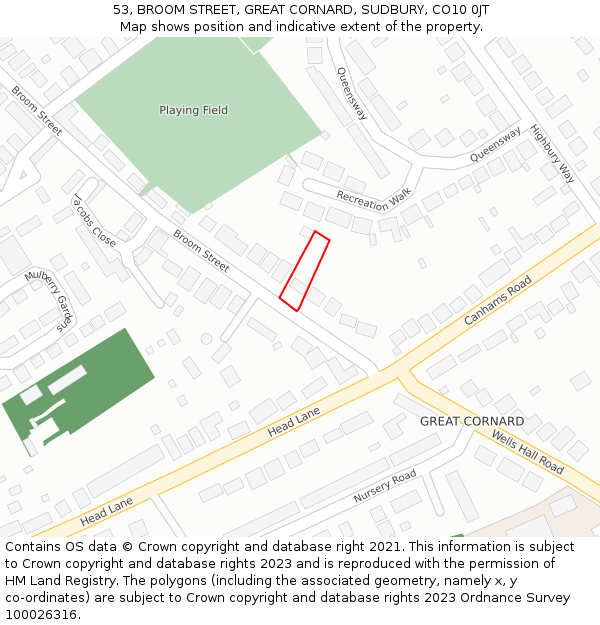 53, BROOM STREET, GREAT CORNARD, SUDBURY, CO10 0JT: Location map and indicative extent of plot