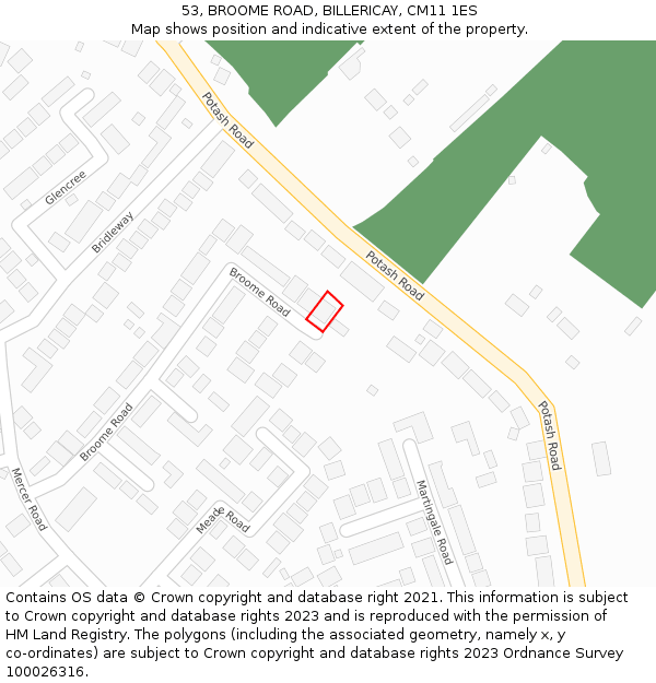 53, BROOME ROAD, BILLERICAY, CM11 1ES: Location map and indicative extent of plot