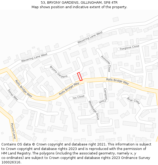 53, BRYONY GARDENS, GILLINGHAM, SP8 4TR: Location map and indicative extent of plot