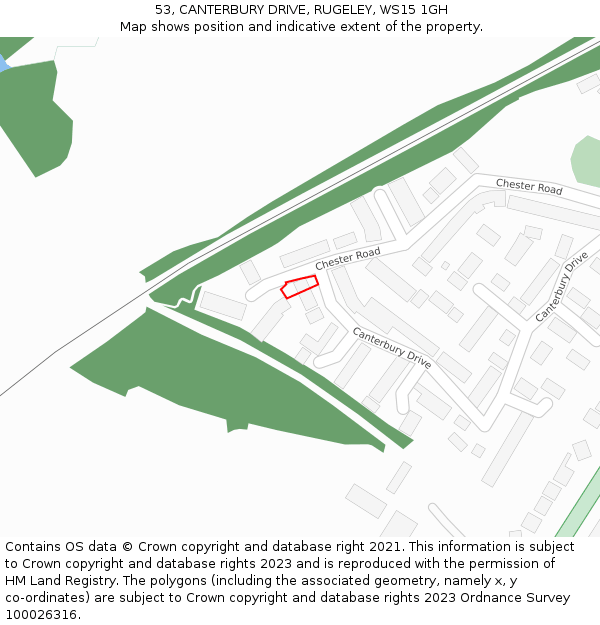 53, CANTERBURY DRIVE, RUGELEY, WS15 1GH: Location map and indicative extent of plot