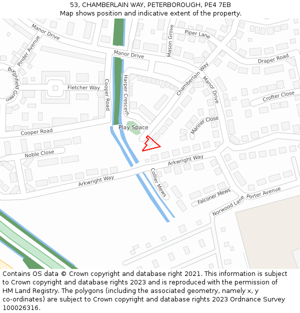 53, CHAMBERLAIN WAY, PETERBOROUGH, PE4 7EB: Location map and indicative extent of plot
