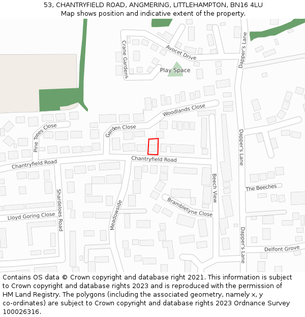 53, CHANTRYFIELD ROAD, ANGMERING, LITTLEHAMPTON, BN16 4LU: Location map and indicative extent of plot