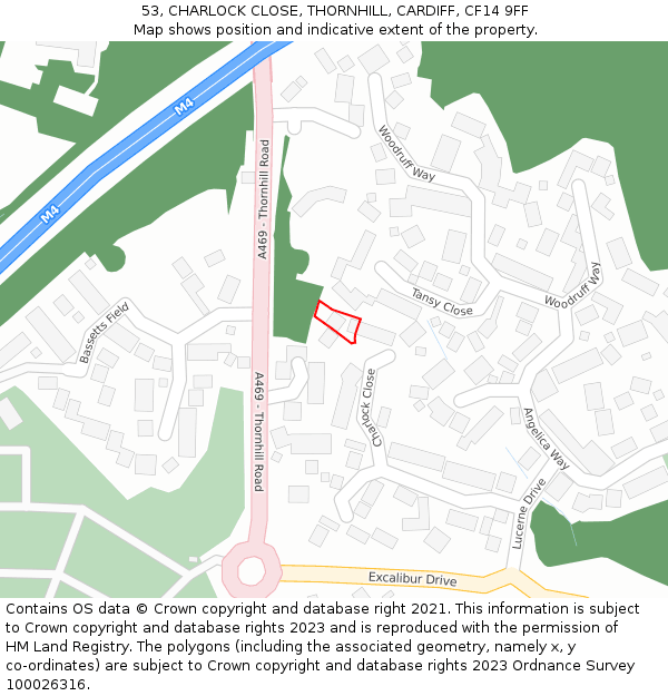 53, CHARLOCK CLOSE, THORNHILL, CARDIFF, CF14 9FF: Location map and indicative extent of plot
