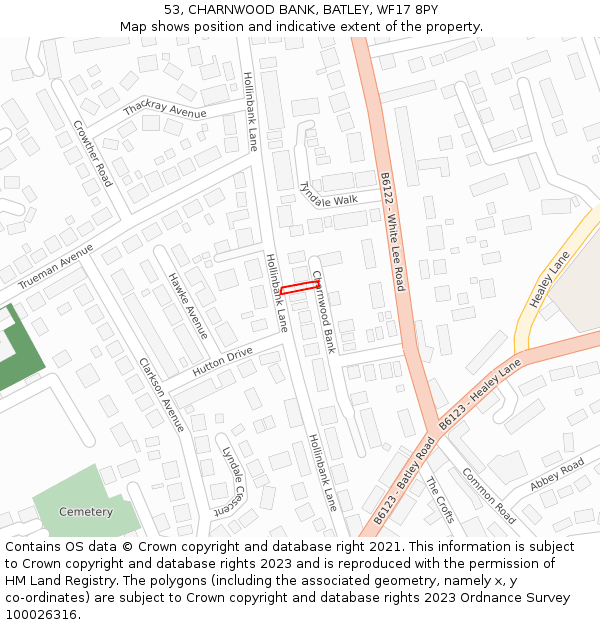 53, CHARNWOOD BANK, BATLEY, WF17 8PY: Location map and indicative extent of plot
