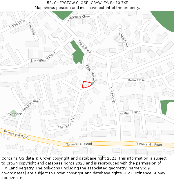 53, CHEPSTOW CLOSE, CRAWLEY, RH10 7XF: Location map and indicative extent of plot