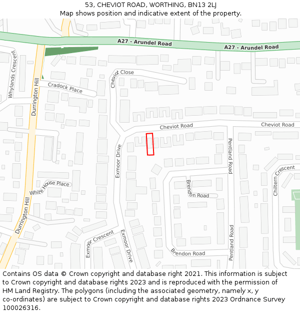 53, CHEVIOT ROAD, WORTHING, BN13 2LJ: Location map and indicative extent of plot