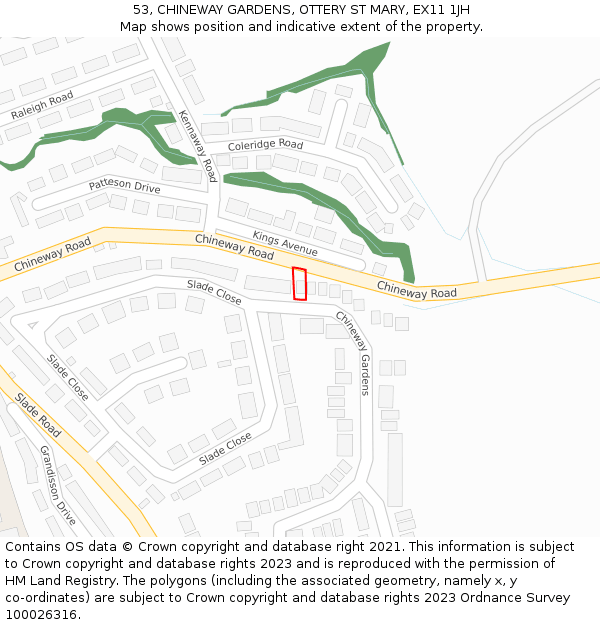53, CHINEWAY GARDENS, OTTERY ST MARY, EX11 1JH: Location map and indicative extent of plot