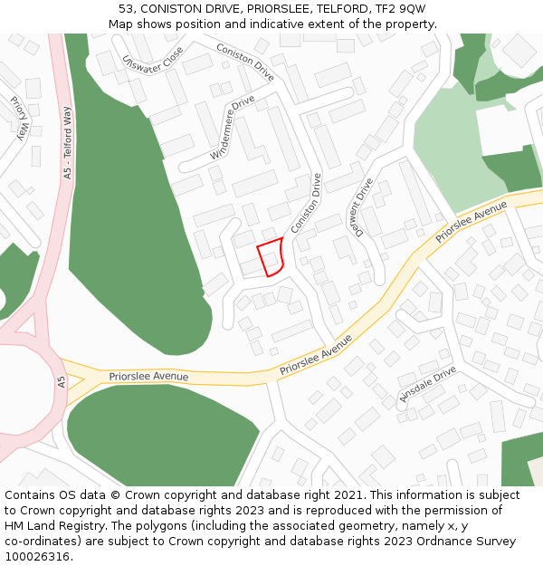 53, CONISTON DRIVE, PRIORSLEE, TELFORD, TF2 9QW: Location map and indicative extent of plot