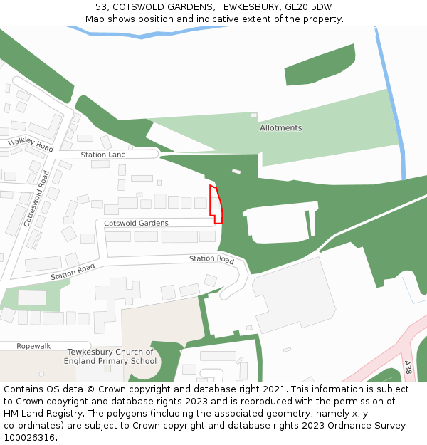 53, COTSWOLD GARDENS, TEWKESBURY, GL20 5DW: Location map and indicative extent of plot