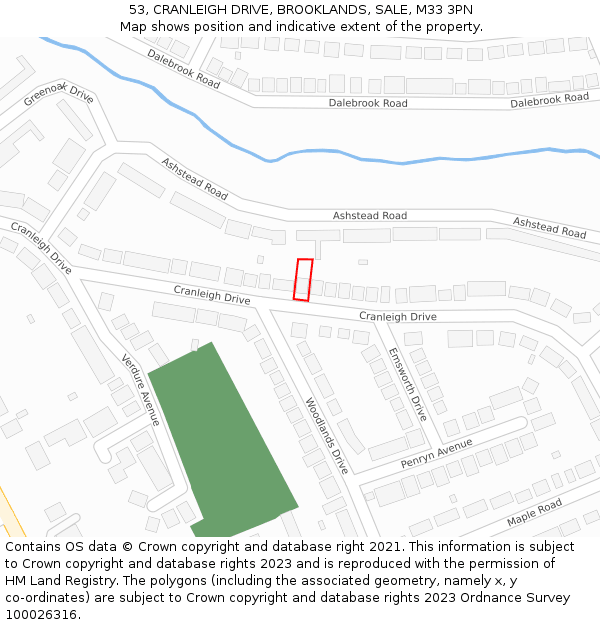 53, CRANLEIGH DRIVE, BROOKLANDS, SALE, M33 3PN: Location map and indicative extent of plot