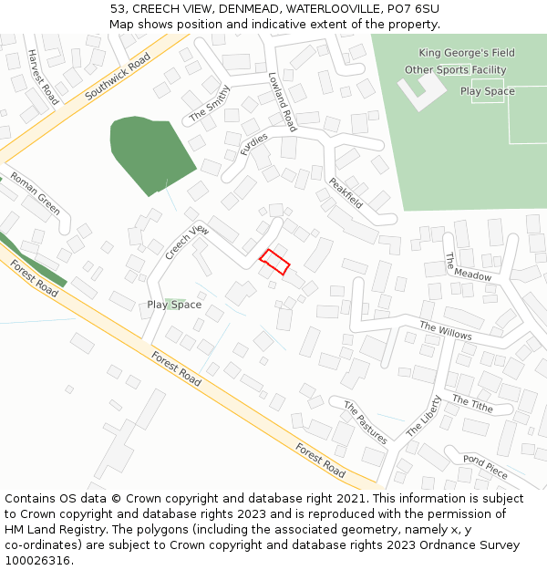53, CREECH VIEW, DENMEAD, WATERLOOVILLE, PO7 6SU: Location map and indicative extent of plot