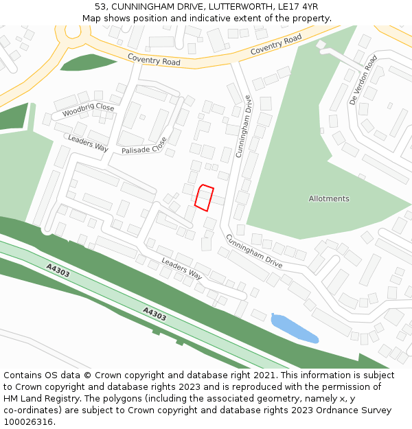 53, CUNNINGHAM DRIVE, LUTTERWORTH, LE17 4YR: Location map and indicative extent of plot