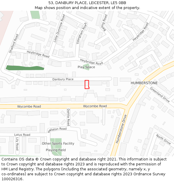 53, DANBURY PLACE, LEICESTER, LE5 0BB: Location map and indicative extent of plot