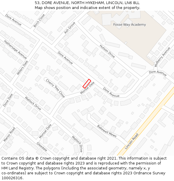 53, DORE AVENUE, NORTH HYKEHAM, LINCOLN, LN6 8LL: Location map and indicative extent of plot