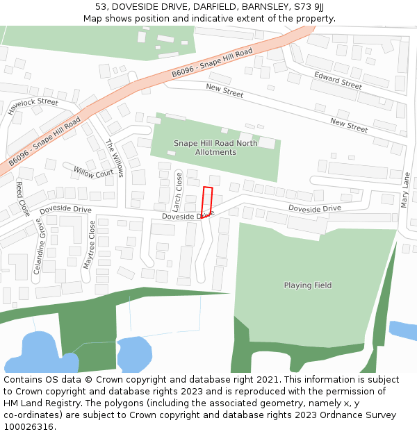 53, DOVESIDE DRIVE, DARFIELD, BARNSLEY, S73 9JJ: Location map and indicative extent of plot