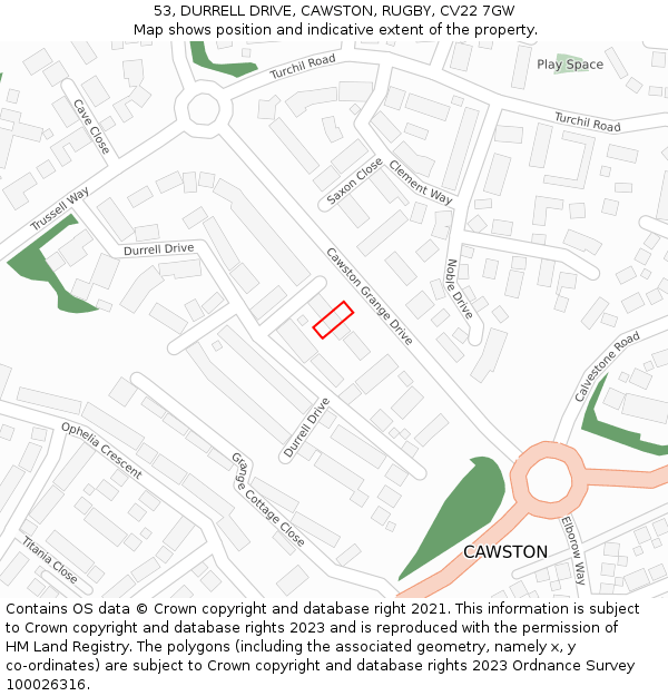 53, DURRELL DRIVE, CAWSTON, RUGBY, CV22 7GW: Location map and indicative extent of plot