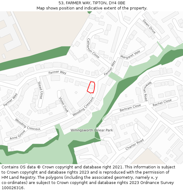 53, FARMER WAY, TIPTON, DY4 0BE: Location map and indicative extent of plot