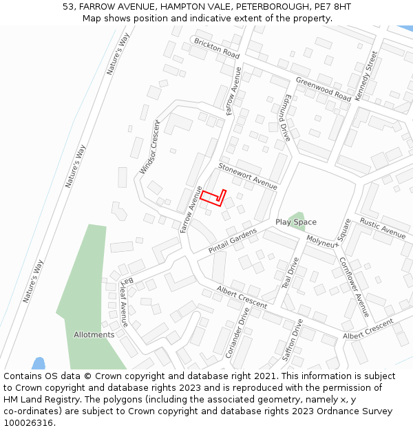 53, FARROW AVENUE, HAMPTON VALE, PETERBOROUGH, PE7 8HT: Location map and indicative extent of plot