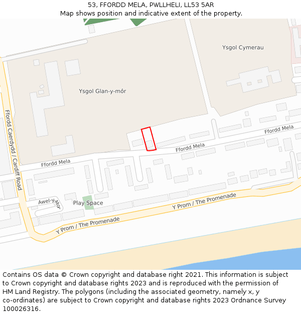 53, FFORDD MELA, PWLLHELI, LL53 5AR: Location map and indicative extent of plot
