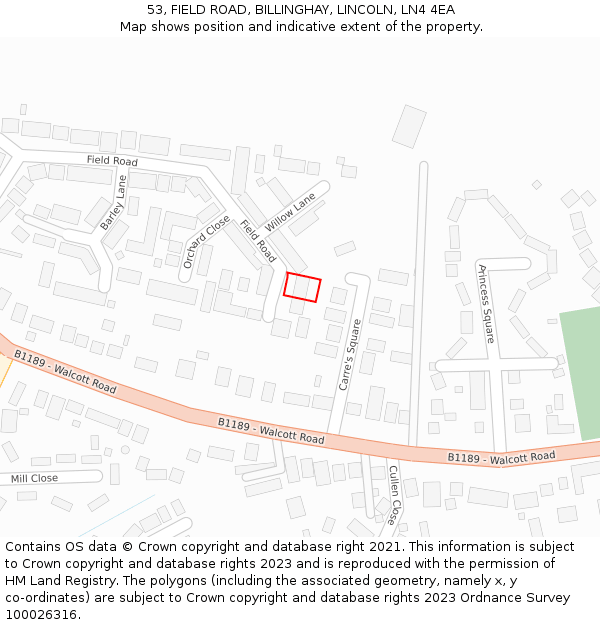53, FIELD ROAD, BILLINGHAY, LINCOLN, LN4 4EA: Location map and indicative extent of plot