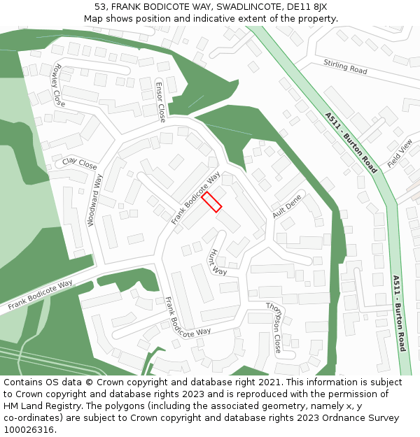 53, FRANK BODICOTE WAY, SWADLINCOTE, DE11 8JX: Location map and indicative extent of plot