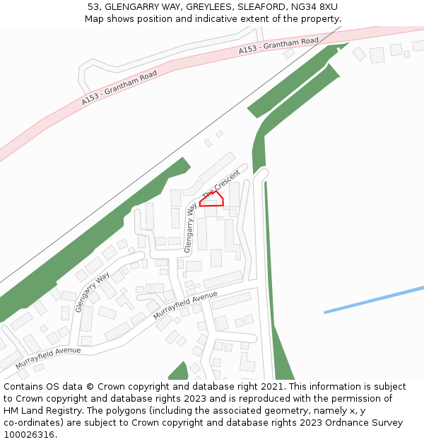 53, GLENGARRY WAY, GREYLEES, SLEAFORD, NG34 8XU: Location map and indicative extent of plot