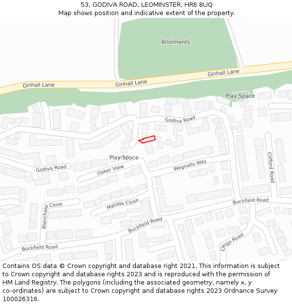 53, GODIVA ROAD, LEOMINSTER, HR6 8UQ: Location map and indicative extent of plot