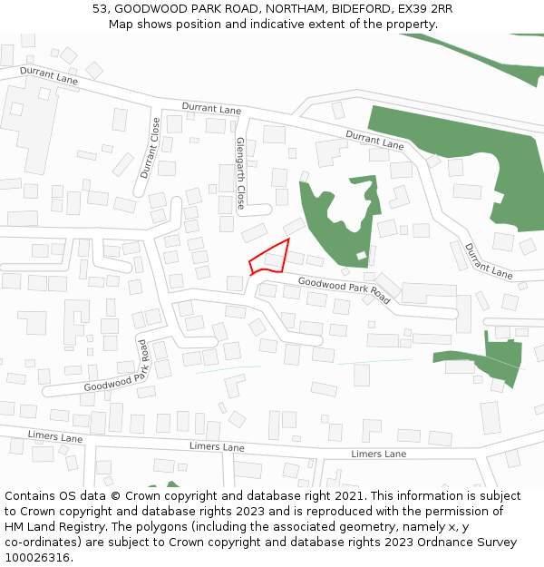 53, GOODWOOD PARK ROAD, NORTHAM, BIDEFORD, EX39 2RR: Location map and indicative extent of plot