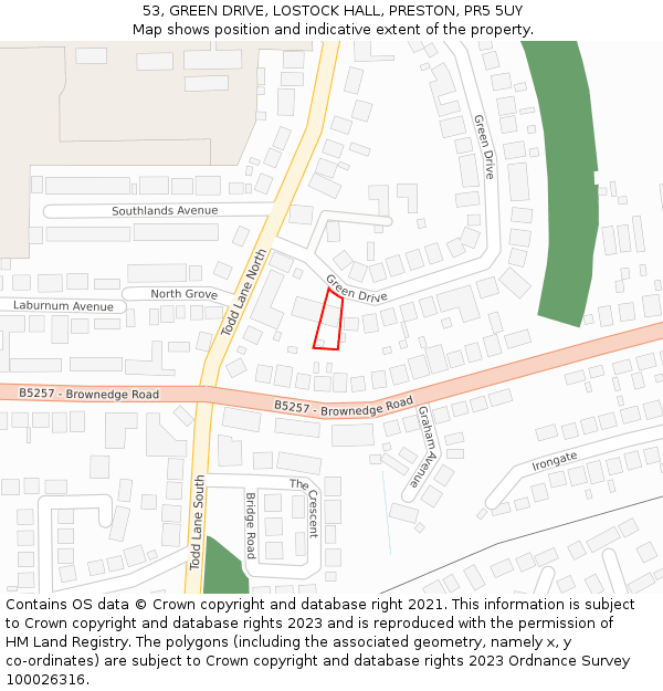 53, GREEN DRIVE, LOSTOCK HALL, PRESTON, PR5 5UY: Location map and indicative extent of plot