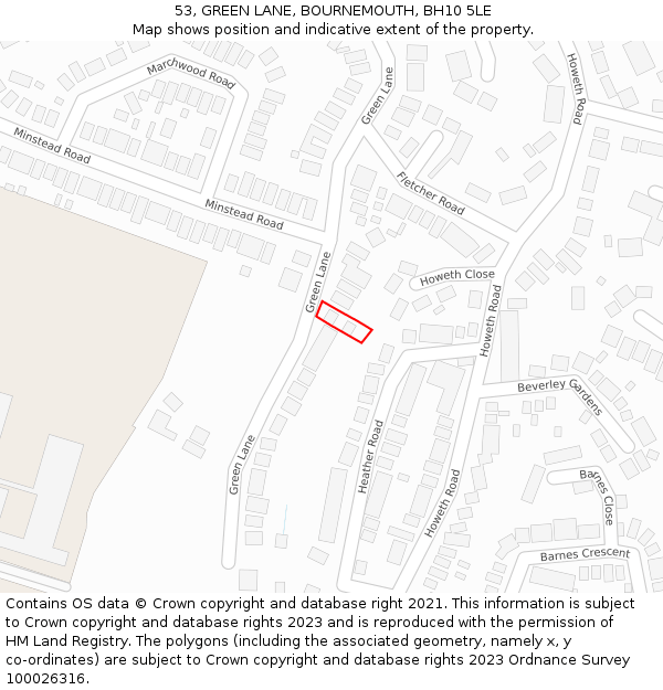 53, GREEN LANE, BOURNEMOUTH, BH10 5LE: Location map and indicative extent of plot