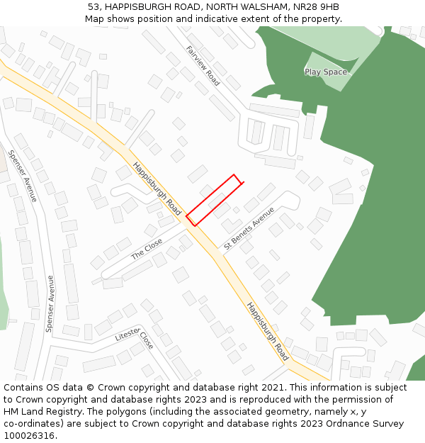 53, HAPPISBURGH ROAD, NORTH WALSHAM, NR28 9HB: Location map and indicative extent of plot