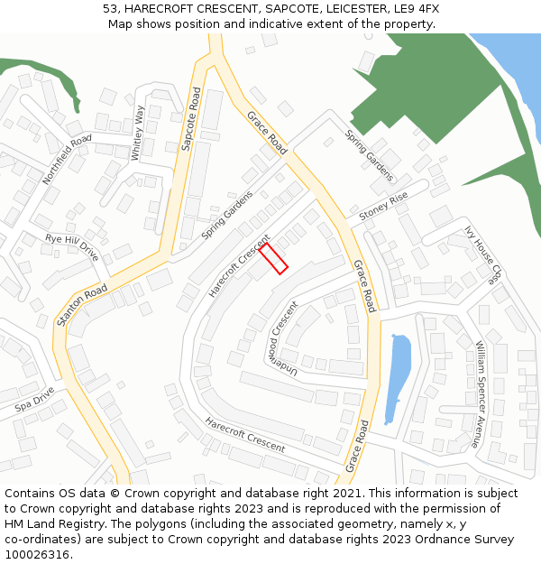 53, HARECROFT CRESCENT, SAPCOTE, LEICESTER, LE9 4FX: Location map and indicative extent of plot