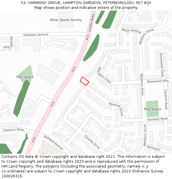 53, HARMONY GROVE, HAMPTON GARDENS, PETERBOROUGH, PE7 8QX: Location map and indicative extent of plot